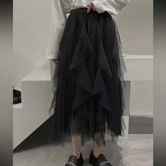 07 Beautiful Elasticity Gauze Pleated Solid Color Midi Skirt - Picture 2 of 2